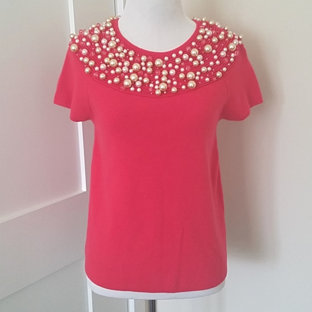 NWT Anthropologie Pink knit short-sleeved top with pearl/bauble beads. Size XS.